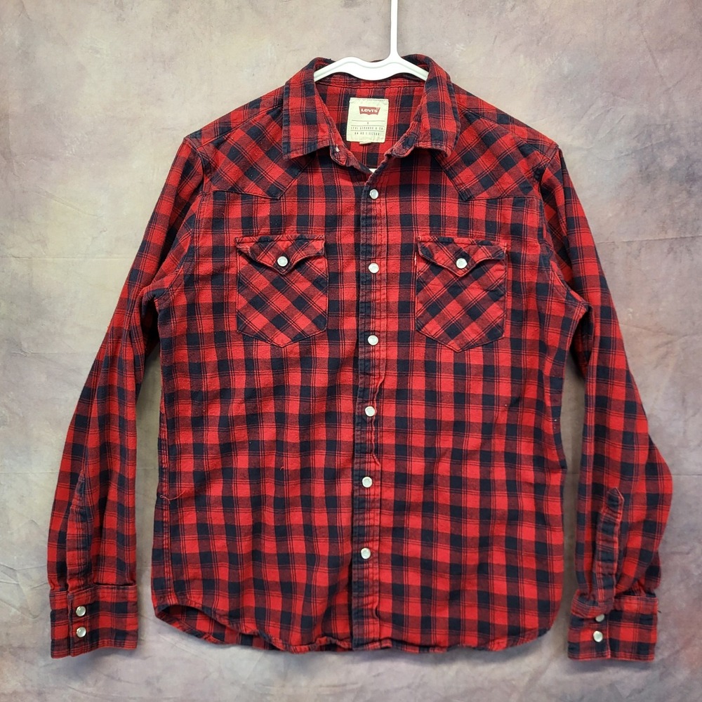 Levi's Men's Small Red Black Buffalo Plaid Flannel Western Pearl Snap Shirt
